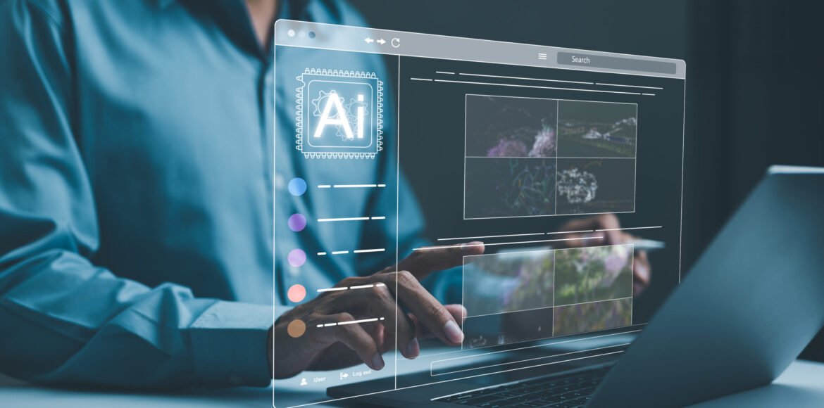 AI image creation technology. Man use AI software on a laptop to generate images, showcasing a futuristic user interface. screen with visual prompt. Image generated by artificial intelligence. photo,
