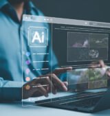 AI image creation technology. Man use AI software on a laptop to generate images, showcasing a futuristic user interface. screen with visual prompt. Image generated by artificial intelligence. photo,