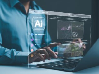 AI image creation technology. Man use AI software on a laptop to generate images, showcasing a futuristic user interface. screen with visual prompt. Image generated by artificial intelligence. photo,