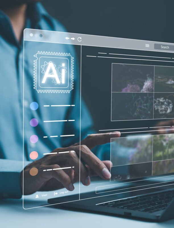 AI image creation technology. Man use AI software on a laptop to generate images, showcasing a futuristic user interface. screen with visual prompt. Image generated by artificial intelligence. photo,