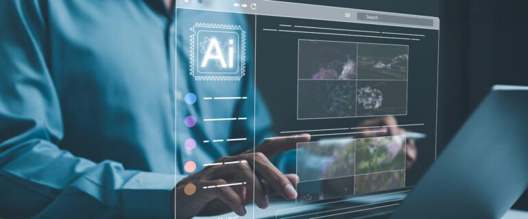 AI image creation technology. Man use AI software on a laptop to generate images, showcasing a futuristic user interface. screen with visual prompt. Image generated by artificial intelligence. photo,