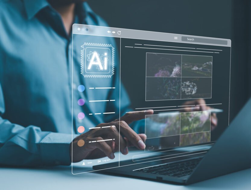 AI image creation technology. Man use AI software on a laptop to generate images, showcasing a futuristic user interface. screen with visual prompt. Image generated by artificial intelligence. photo,