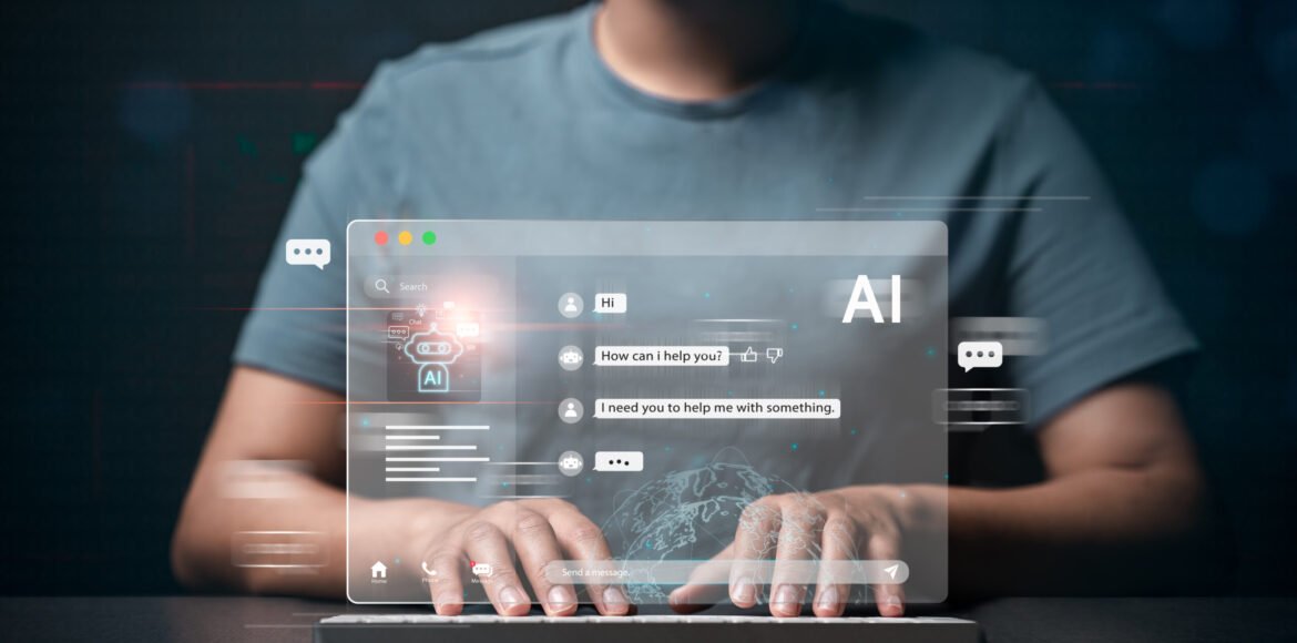 Businesswoman using computer at digital display Talk to chat bots with AI or artificial intelligence technology. Communicating conversations and asking for help