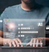 Businesswoman using computer at digital display Talk to chat bots with AI or artificial intelligence technology. Communicating conversations and asking for help