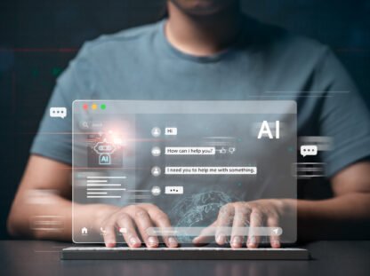 Businesswoman using computer at digital display Talk to chat bots with AI or artificial intelligence technology. Communicating conversations and asking for help