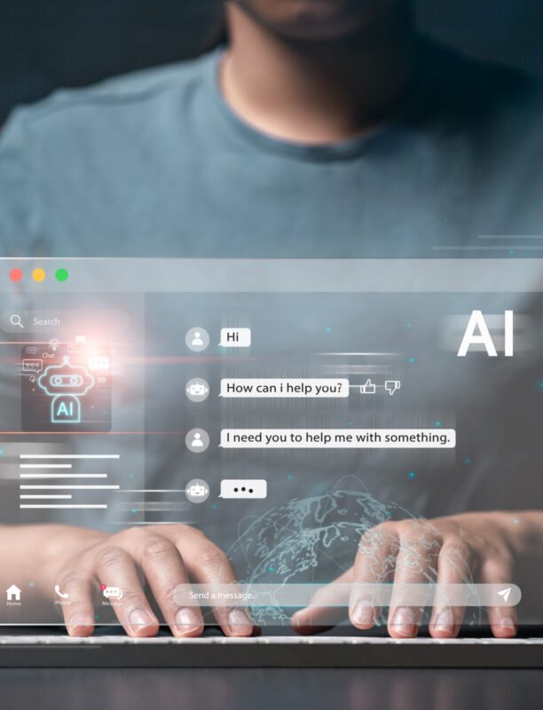 Businesswoman using computer at digital display Talk to chat bots with AI or artificial intelligence technology. Communicating conversations and asking for help