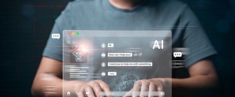 Businesswoman using computer at digital display Talk to chat bots with AI or artificial intelligence technology. Communicating conversations and asking for help